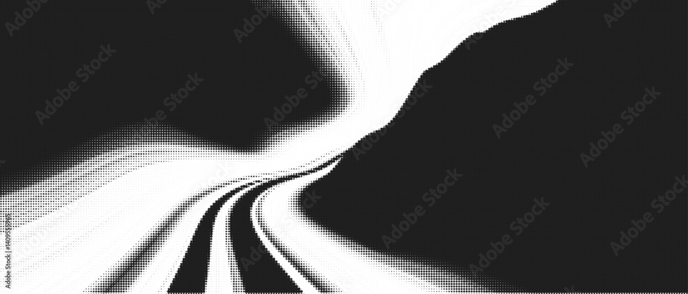 Poster Abstract Halftone Wave Pattern with Gradient Dots and White Background creates a Modern 3D Effect. This Vector Design Combines Black and White Elements for a Minimalist Geometric Art