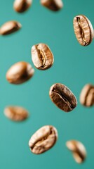 Obraz premium Roasted coffee beans suspended in mid-air against a teal background.