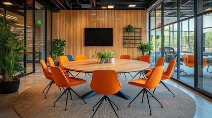 Modern conference room featuring a round table and orange chairs.