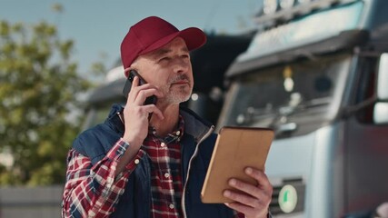 Busy older Caucasian man multitasking near truck while holding tablet and talking on smartphone. Reading from screen and giving instructions. Managing logistics or coordinating deliveries.