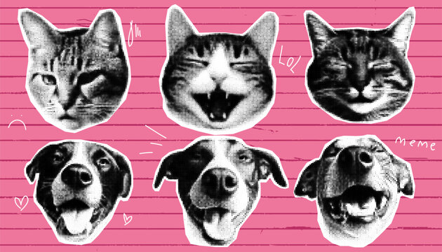 Happy Dog and Cat Collage Bundle in Blue Halftone with Retro Pop Art Animal Stickers and Psychedelic Vaporwave Aesthetic for a Trendy and Fun Vibe.