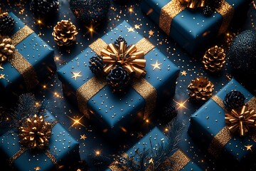 Elegant Blue Presents with Gold Ribbon, Confetti and Pine Cones on Dark Surface