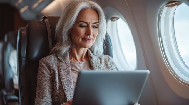 Executive works on tablet, private jet, clouds