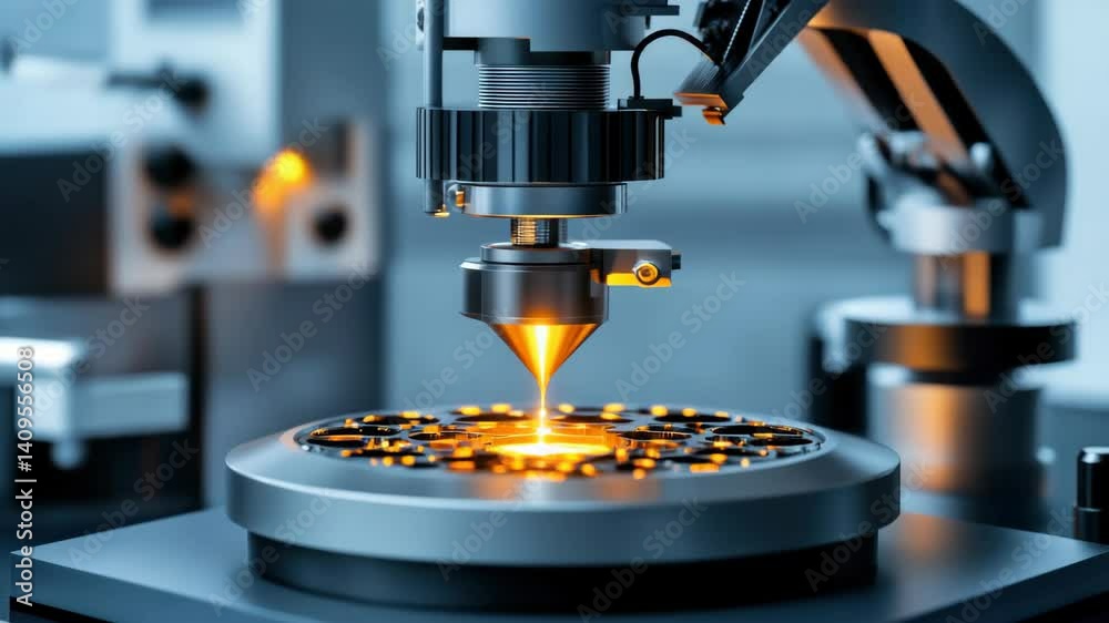 Poster high-tech industrial machine with laser beam focused on components.