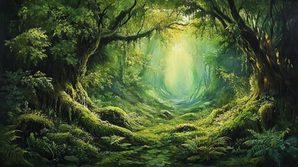 Lush green forest path sunlight magical mystery deep woods nature scene art moss dark calm rich trees