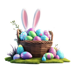 Easter bunny ears peeking out of wicker basket full of colorful decorated eggs on grassy patch isolated on white background spring holiday celebration festive decoration symbol of new life
