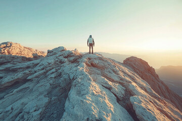 Adventurer on a Mountaintop Golden Hour View
