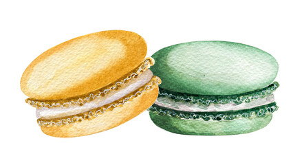 Delicate colorful  watercolor french macaroons cake. Watercolor cakes isolated on a white background.