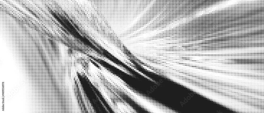 Aufkleber Dynamic Motion and Halftone Manga Lines Creating an Abstract Overlay Pattern with Gradient Dots and Geometric Waves for a Vintage and Modern Background Design.