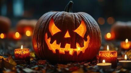Fototapeta premium Festively carved pumpkin with eerie glare surrounded by glowing candles on a fall evening