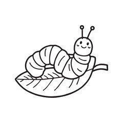 A black and white illustration of a smiling caterpillar with thick black outlines.