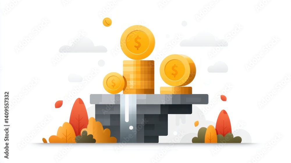 Poster a stack of gold coins sits atop a stone platform symbolizing financial growth and wealth accumulatio