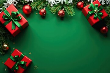 Red gift boxes, green ribbons, gold stars, pine, snow, mistletoe, baubles, green background , gift wrapping, bow