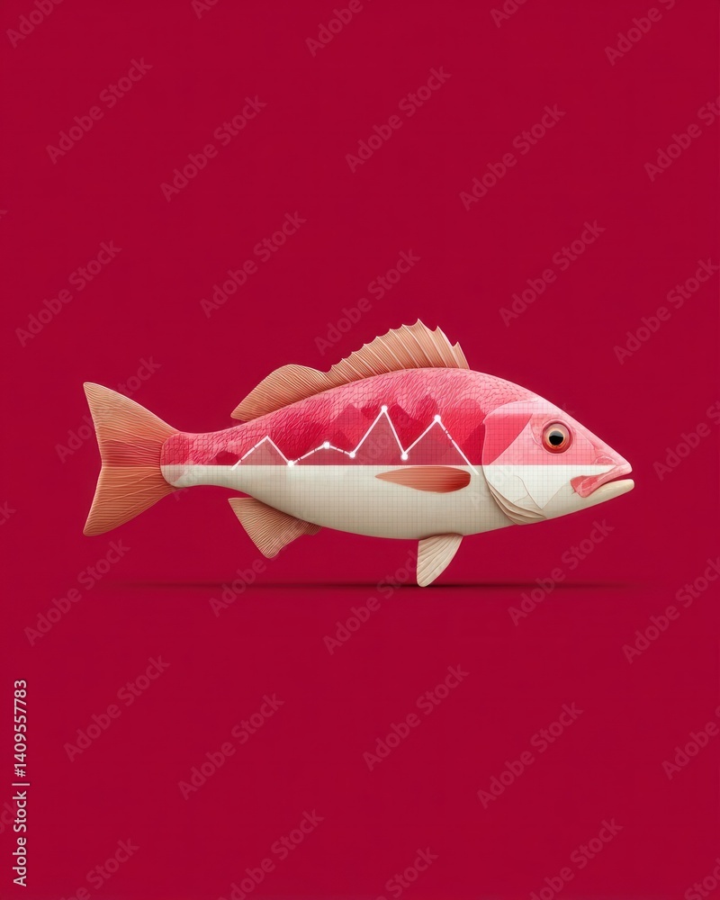 Aufkleber a stylized illustration depicts a red fish with a data graph integrated into its design against a cr