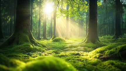Obraz premium Sunlit green forest landscape with moss covered trees art calm lush image earth scene nature scenic