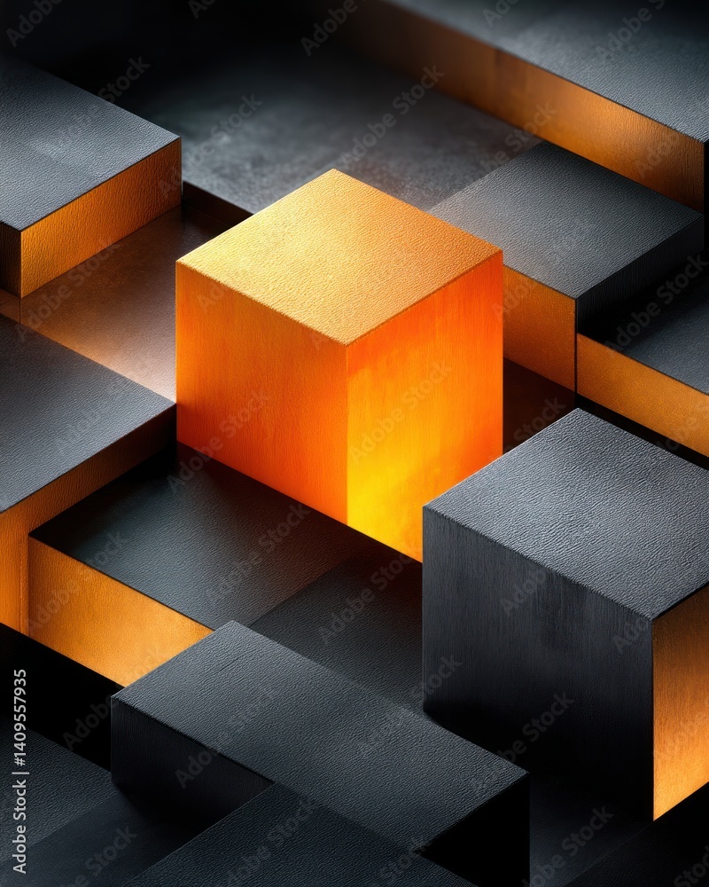 Poster a glowing orange cube stands out among many dark gray cubes in a complex geometric arrangement of bl