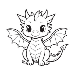 A charming black and white line drawing of a small dragon with big eyes and a friendly expression.