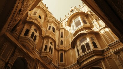 Fototapeta premium A low-angle view of a detailed building facade with windows and arches.