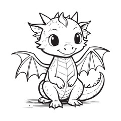 A charming black and white line drawing of a small dragon with big eyes and a friendly expression.