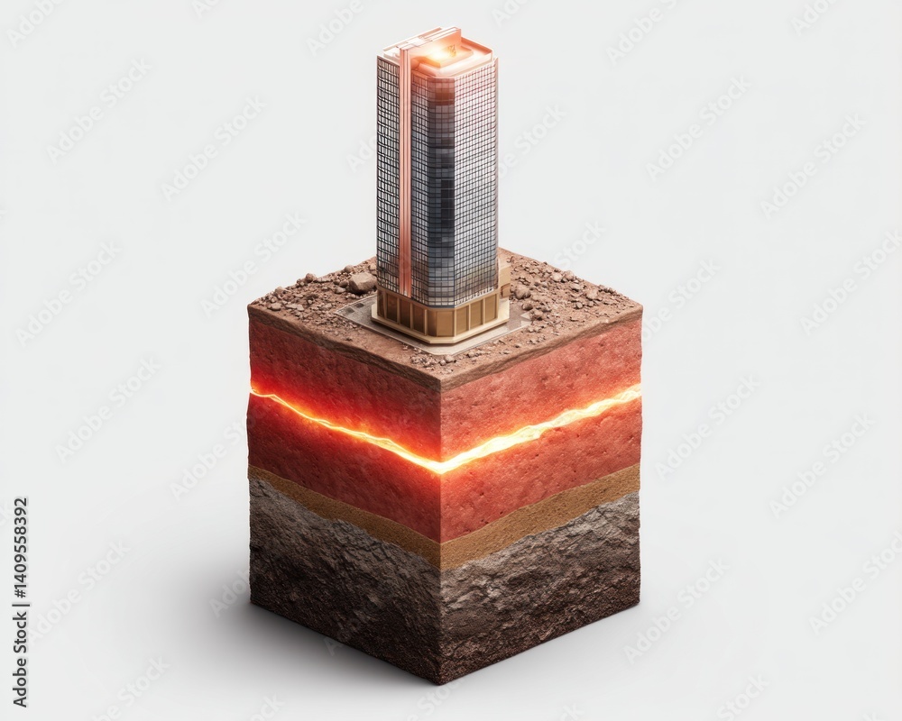 Aufkleber a modern skyscraper model sits atop a cross-section of earth revealing glowing magma deep within the