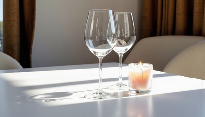 Elegant wine glasses and candle on a table in soft light  