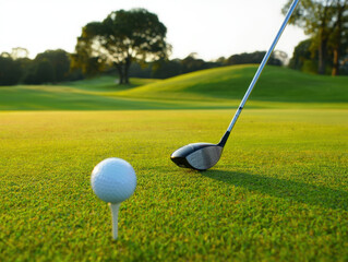 Obraz premium Ready to Tee Off Golf Ball and Club on Lush Green
