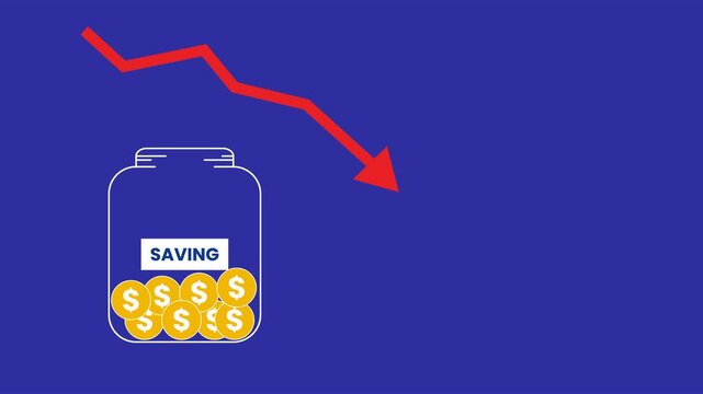 A jar labeled &ldquo;saving&rdquo; filled with coins and a red downward arrow, symbolizing financial loss, reduced income, or declining savings in tough economic times.