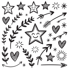 Hand-Drawn Pen Sketch Icon Pack &ndash; Smiling Stars, Zigzag Arrows, Floral Vines, Floating Hearts & Spark Bursts for Journaling & Scrapbooking  High-Resolution Vector Art
