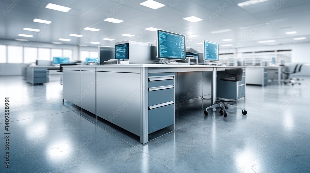 Aufkleber A modern cleanroom laboratory features stainless steel desks with multiple computers displaying program code in a bright sterile environment.