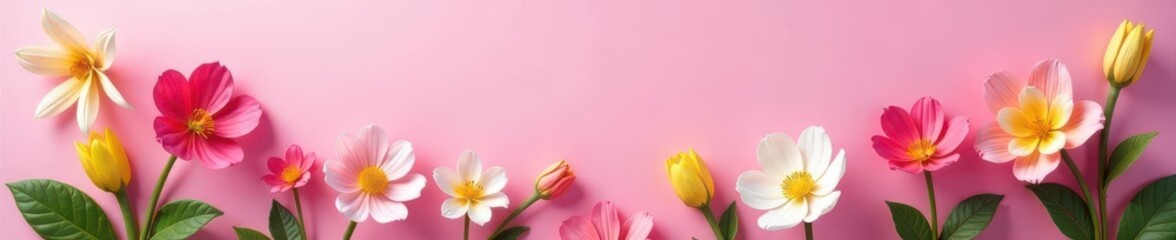 Fototapeta premium Whimsical spring blooms, vibrant hues float on soft pink , whimsical, summertime, nature
