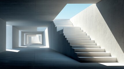 Obraz premium Sunlit concrete corridor with ascending staircase leading to light