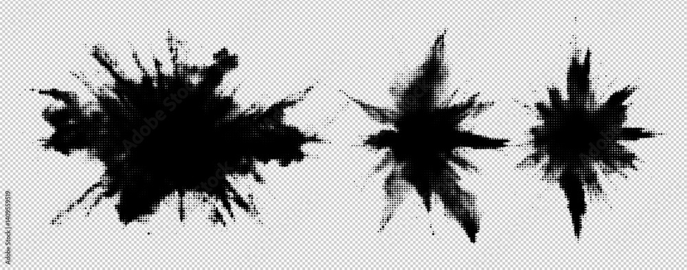 Poster Halftone Sunburst Explosion Vector Set with Abstract Dot Texture, Grunge Patterns, and Retro Graphic Design Elements for Vintage Halftone Artwork and Icon Creation.