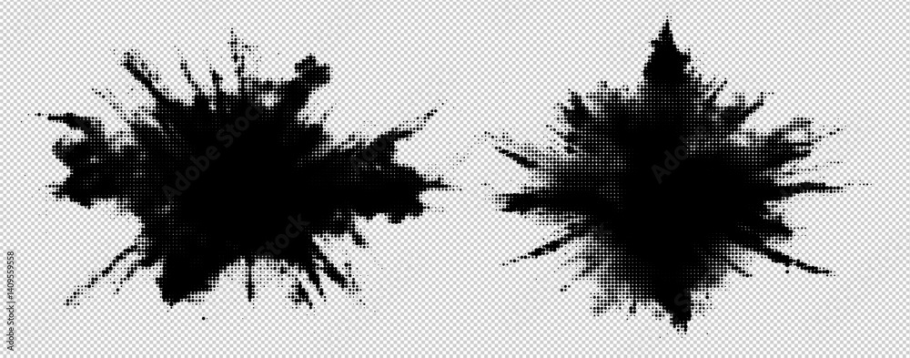 Poster Vector Halftone Explosion Set with Sunburst Patterns and Abstract Dot Texture. Retro Grunge Design Elements for Vibrant Graphic Backgrounds and Collages