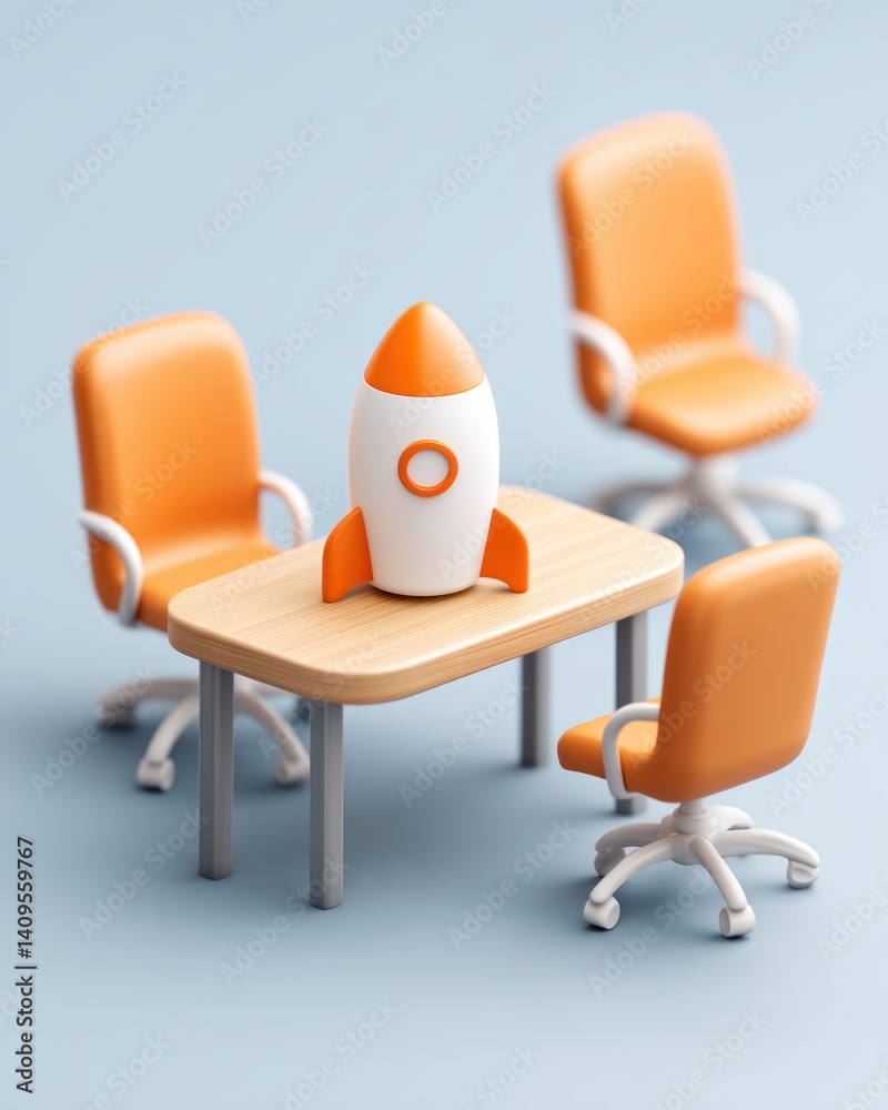 Aufkleber a small rocket ship sits on a table between three orange office chairs ready for a business meeting 
