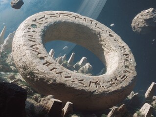 A monumental ring structure carved with glyphs dominates an alien landscape under a ringed planet, blending sci-fi with ancient mystery.