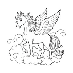 A lovingly drawn line art of a Pegasus with outstretched wings proudly standing on a cloud.