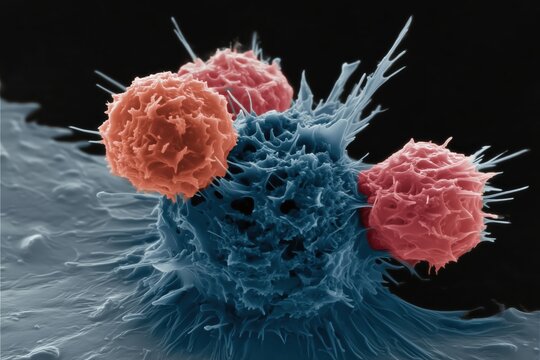 Scanning electron microscope image of a 3D-bioprinted breast cancer tumor (blue cell) being targeted by multiple immune cells (red-pink)