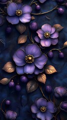 Purple and Gold Floral Phone Wallpaper  Elegant Flowers with Dark Leaves on Deep Blue | Vertical Aesthetic Background

