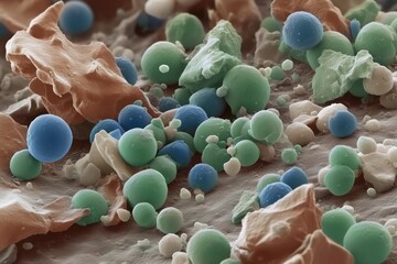 Microscopic image of colorful microplastic particles left on human skin after using a cosmetic scrub.