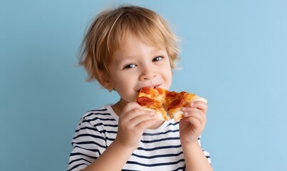 Happy child eats pizza slice, Generative AI