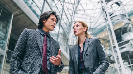 Two business people in suits talking in a modern building with glass walls.
