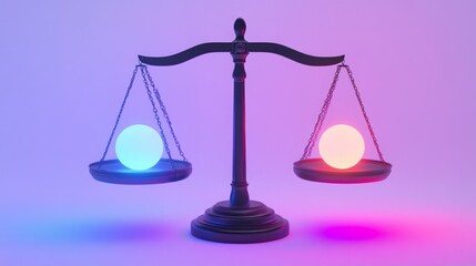 Glowing orbs balance on scales, a study in contrast and equilibrium.