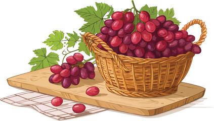 Grapes in wicker basket on table in white background vector design, Grapes vector design