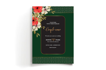 WEDDING INVITATION FRAME WITH FLOWER DECORATIONS AND FRESH LEAVES