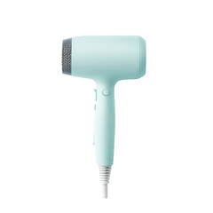 Light blue hairdryer isolated on white background beauty salon hairdressing home appliance modern electric device professional barber tool personal care hair dryer heat styling equipment blow-dry