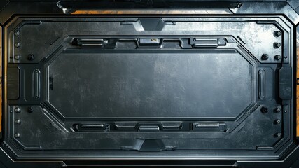 Detailed metal sci-fi door background with rusted and aged metal texture.