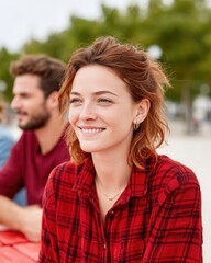 Fototapeta premium A happy young woman with red hair and a red plaid shirt smiles gently outdoors while a man sits behind her.
