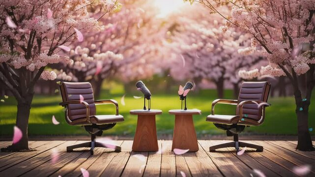 Podcast setup under cherry blossom trees in spring. Looping 4k animation video background.