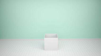 An empty box in a space with walls and a floor