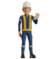 Isolate industrial worker raise 5 finger hand sign